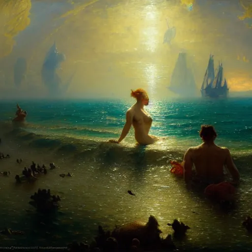 Image similar to point of view, you are deep in the ocean looking up, you see fishes, flora and fauna, higher you see the splendorous milk way illuminating the sea. highly detailed painting by gaston bussiere, greg rutkowski 8 k