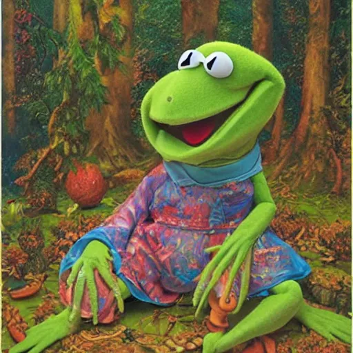 Prompt: kermit the frog as a holy sacred god on acid in the woods as a masterpiece painting by james jean, frank cho and judy chicago