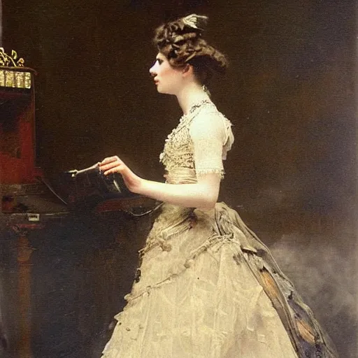 Prompt: young lady in a steampunk ballroom dress by alfred stevens