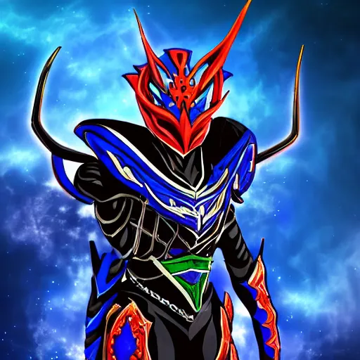 Image similar to dragon inspired High Fantasy Kamen Rider, blue with red secondary color, 4k, glowing eyes, daytime, black rubber undersuit