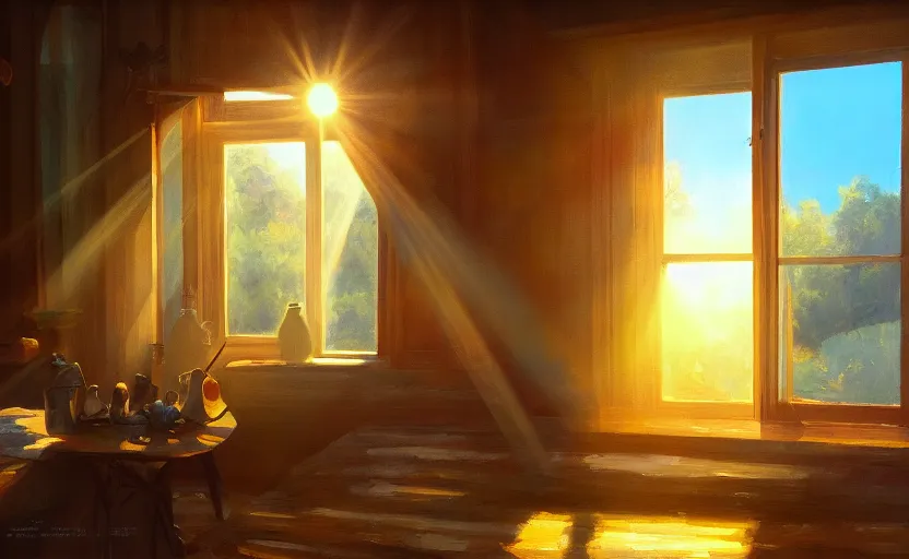 Image similar to rays of the morning sun shining through the window of the village house. very beautiful, clear sky, warm shiny colors, oil painting, high detail, trending on artstation