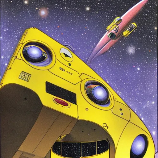 Prompt: little yellow spaceship with robot arm, in outer space, Ron cobb, Yoshitaka Amano, 1980s, science fiction