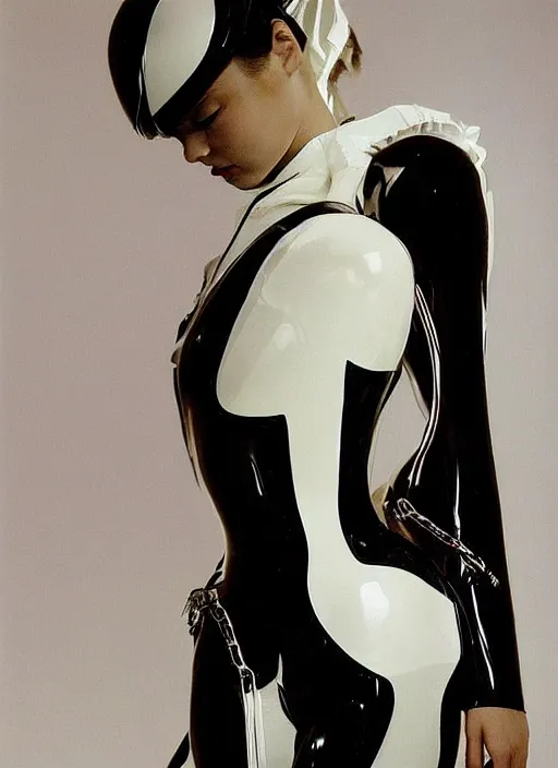 Prompt: an early 0 0's digital portrait of a beautiful girl detailed features wearing a pilot latex suit wedding dress - chic trend. lots of zippers, pockets, synthetic materials, jumpsuits. by balenciaga and issey miyake by ichiro tanida and mitsuo katsui