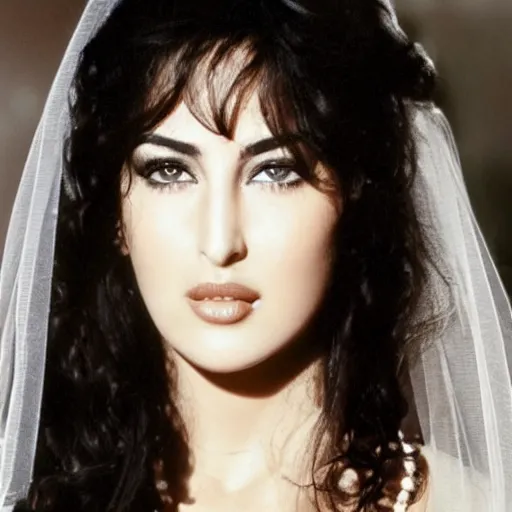 Image similar to young arab Monica Bellucci, blue eyes, long wavy black hair, white veil, closeup, focus, light makeup