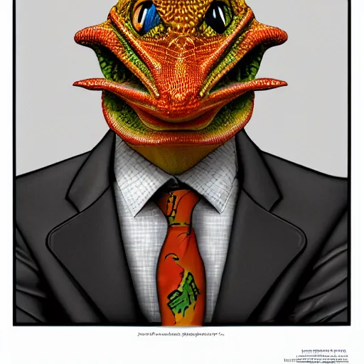 Prompt: a highly detailed portrait of an anthropomorphic lizard man with bright scaly skin wearing a well tailored business suit and tie, 8 k, 4 k, highly detailed, sharp,
