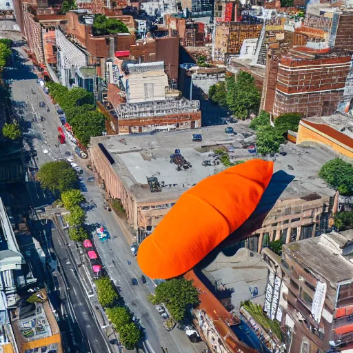 Prompt: gigantic baby wearing orange peel as a hat stands menacingly in the middle of a city, drone shot