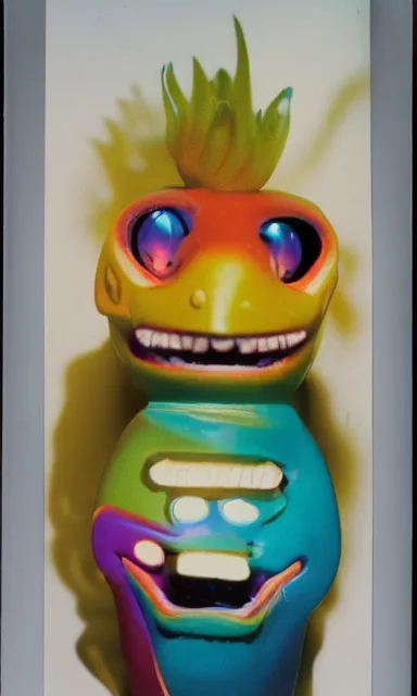 Image similar to colorful crystal gary busey creature, 9 0 s toy commercial, photo from the 7 0 s, horror lighting, neon lighting, polaroid photo,