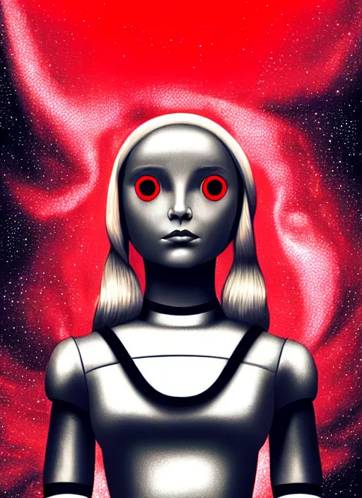 Prompt: highly detailed portrait of a hopeful pretty astronaut lady with a wavy blonde hair, by George Tooker , 4k resolution, nier:automata inspired, bravely default inspired, vibrant but dreary but upflifting red, black and white color scheme!!! ((Space nebula background))