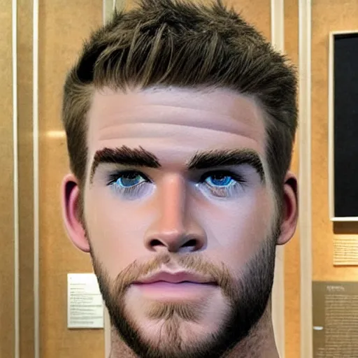 Image similar to “ a realistic detailed photo of a guy who is an attractive humanoid who is half robot and half humanoid, who is a male android, actor liam hemsworth, shiny skin, posing like a statue, blank stare, at the museum, on display ”