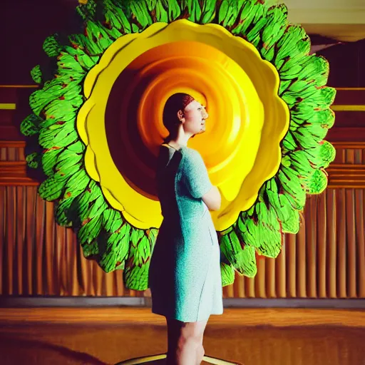 Image similar to giant flower head, frontal, girl standing in mid century hotel, surreal, symmetry, bright colors, cinematic, wes anderson