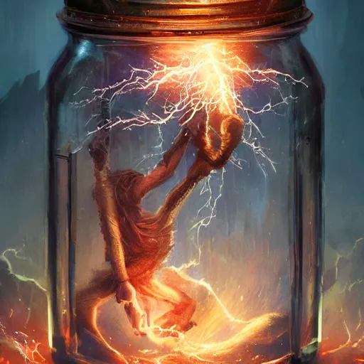 Image similar to commission of a jar with lightning in it,design by charles bowater,greg rutkowski,ross tran,hyperdetailed,hyperrealistic,4k,deviantart,artstation,professional photography,concept art,dramatic