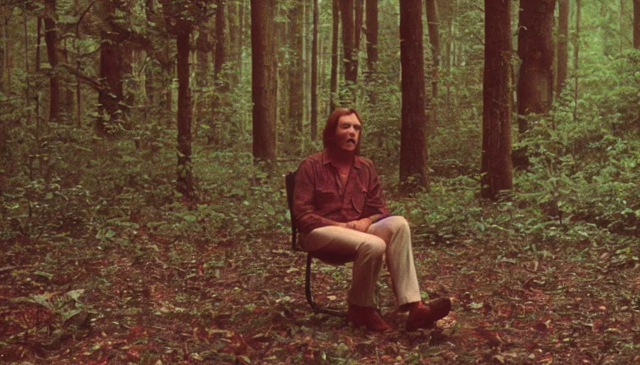 Image similar to 7 0 s film still from a horror movie with a man sitting in a forest, kodachrome, cinecolor, cinestill, photorealism, cinematic, film grain, film texture, vhs recording