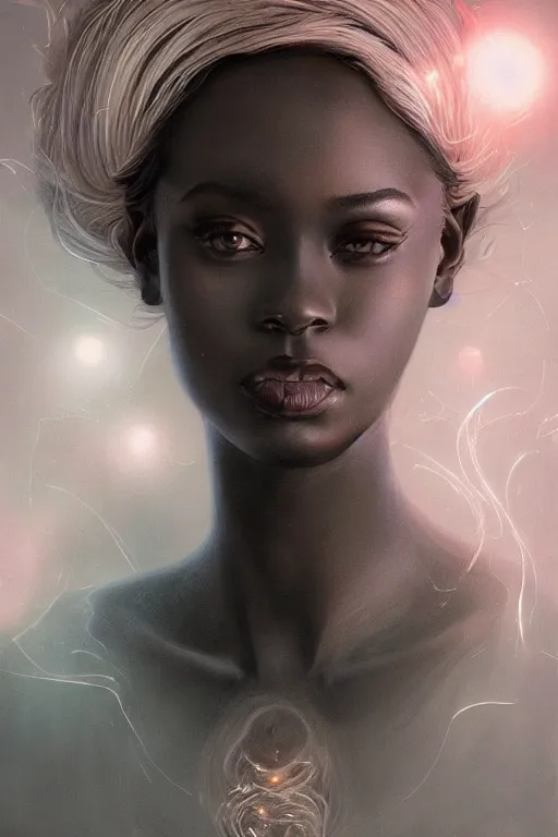 Prompt: dusty wind blowing!!!, orbs of light dark skin drow, dreaming of the void! cinematic volumetric lights, bust portrait, dnd, fantasy, intricate, elegant, highly detailed, digital painting, artstation, concept art, smooth, sharp focus, illustration, art by artgerm and tom bagshaw and greg rutkowski and alphonse mucha