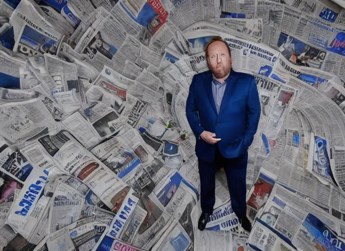 Image similar to dslr photo still of infowars host alex jones in a blue suit fat grey beard and mustache in a!!! room filled to the ceiling with newspapers!!!, 5 2 mm f 1. 8