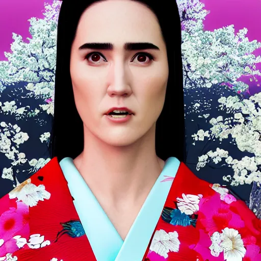 Image similar to Japanese Jennifer Connelly wearing kimono, realistic, photo studio, HDR, 8k, trending on artstation