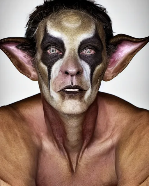 Image similar to Mauricio Macri in Elaborate Pan Satyr Goat Man Makeup and prosthetics designed by Rick Baker, Hyperreal, Head Shots Photographed in the Style of Annie Leibovitz, Studio Lighting