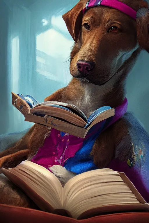 Prompt: well-dressed humanoid dog reading a book, vivid colors, high details, cinematic, 8k resolution, beautiful detailed, photorealistic, digital painting, artstation, concept art, smooth, sharp focus, illustration, fantasy background, artstation trending, octane render, unreal engine