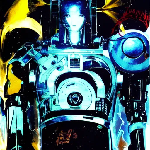 Image similar to the fullmetal neon robot sirius has a kernel without memory nor feelings, lights shaped like eyes on his chest, he believes he is a god, oil on canvas by dave mckean and yoji shinkawa