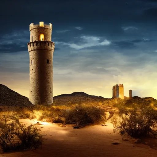 Prompt: desert at night filled with beasts, tall white tower in the background, HD,