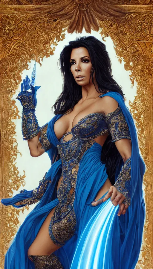 Prompt: eva longoria as a sorceress, passionate, seductive, sweaty, intricate dressed in ornate blue robes and staff, lovely, intricate, highly detailed, digital painting, artstation, concept art, karma sutra, smooth, sharp focus, illustration, unreal engine 5, 8 k, art by artgerm and greg rutkowski and alphonse mucha