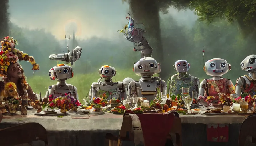 Image similar to a table dinner of robots where robots are dressed like the characters from the midsommar movie wearing flowers, realistic detailed digital art by maxwell boas jessica rossier christian dimitrov anton fadeev trending on artstation cgsociety rendered in unreal engine 4 k hq