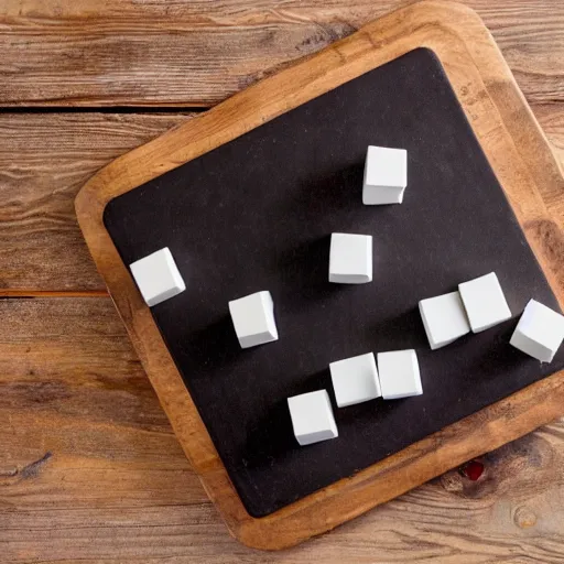 Prompt: photograph of a marshmallow cube on a dark wooden chopping board, hessian, styled food photography, photorealistic, 4 k