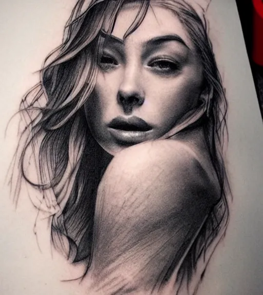 Image similar to tattoo design sketch of an extremely beautiful woman face with a faded background of stunning mountain view on her side, hyper - realistic, in the style of matteo pasqualin, amazing detail, black and white, faded