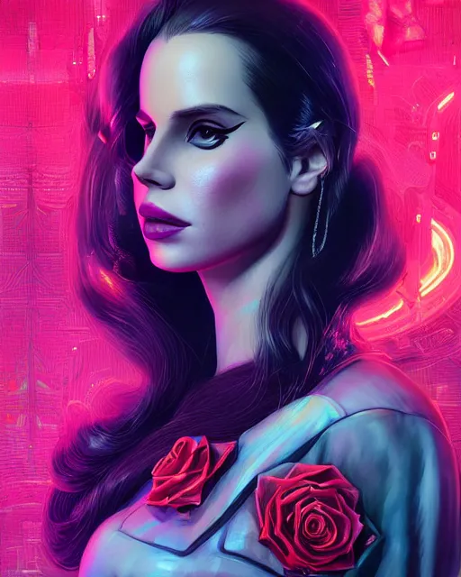 Image similar to portrait of lana del rey as a cyberpunk cyborg. sci - fi intricate abstract upper body intricate artwork, roses, rose petals by tooth wu, wlop, beeple, dan mumford. concept art, octane render, trending on artstation, greg rutkowski, asymmetrical, cinematic arthouse, key art, hyper realism, iridescent accents