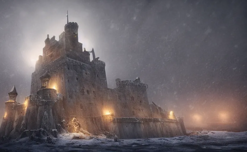 Image similar to magnificent castle besides the sea in the snowstorm at dark night, doomy, Unreal Engine, cinematic photography, highly-detailed, games of thrones, HBO, high resolution, 8k, photorealistic, stunning volumetric lighting