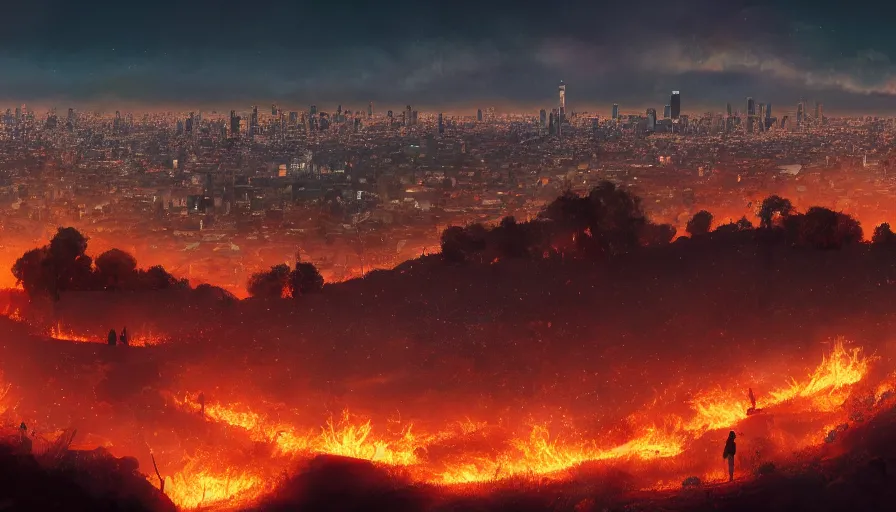 Image similar to people in a hill watching los angeles on fire, hyperdetailed, artstation, cgsociety, 8 k