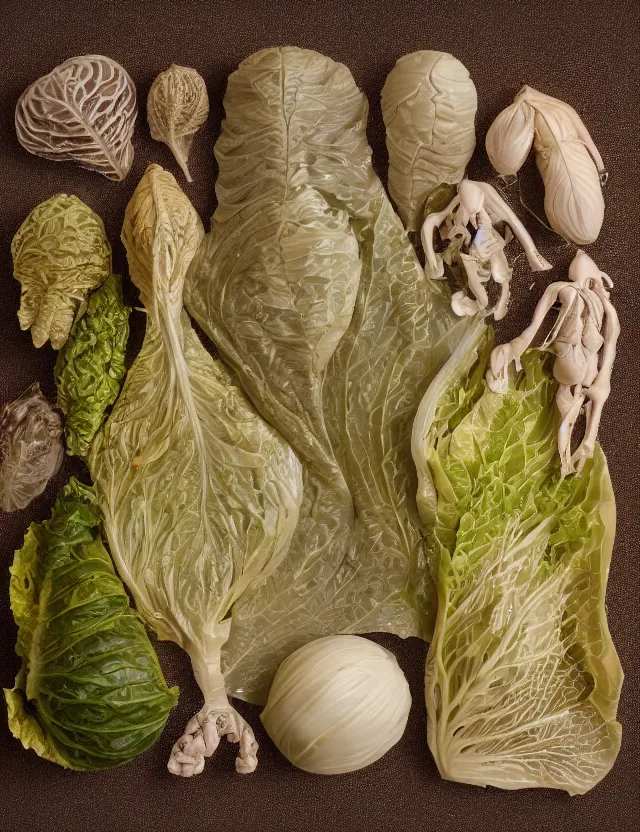 Prompt: a well - lit studio photograph of various earth - toned plastic translucent artificial organs, some wrinkled resembling plastic cabbage, some long, various sizes, textures, and transparencies, beautiful, smooth, layered detailed, intricate art nouveau internal anatomy model