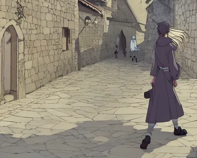 Prompt: anime still frame of a young female walking through a medieval village, dynamic pose, dynamic perspective, detailed silhouette, detailed, intricate, cel shaded, minimalist. simple, manga, ilya kuvshinov