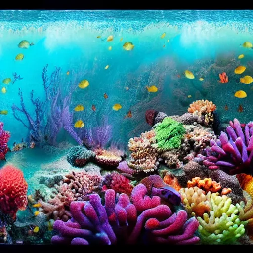 Prompt: A hyper realistic photo of a coral reef underwater. Bright colors, hyper detailed, 8k.