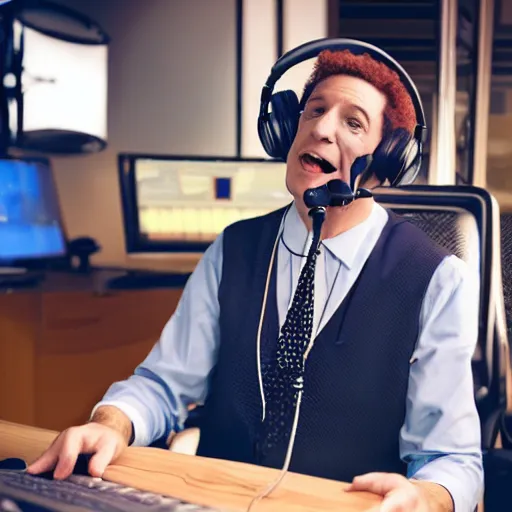 Prompt: radio broadcaster Ronald Mcdonald wearing headphones with microphone in studio