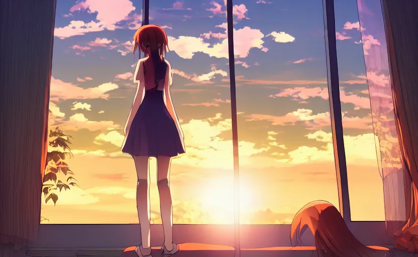 Image similar to anime girl looks out the window at the sunset over megopolis, anime scenery by Makoto Shinkai, digital art