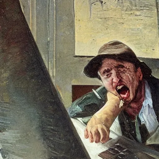 Image similar to an angry man yells at his computer monitor, oil on canvas, 1 8 8 3, highly detailed