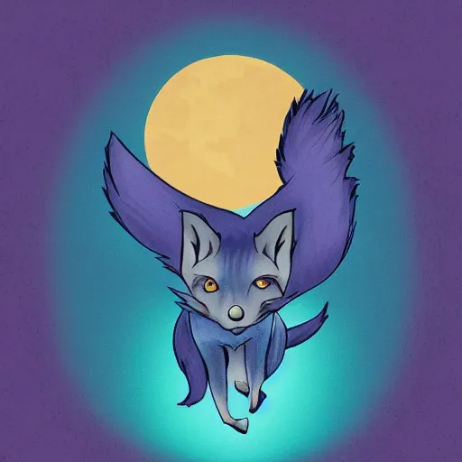 Prompt: a illustration blue fox leap towards sun, tones of purple, by neofluid