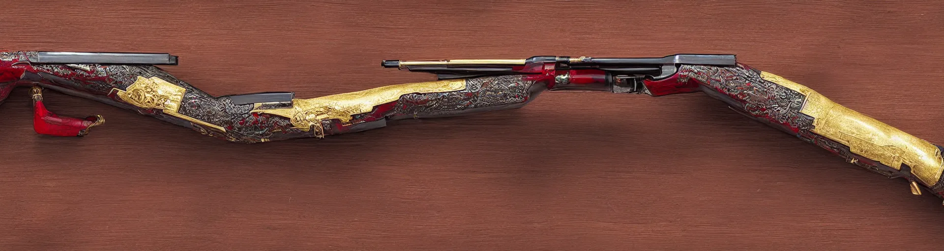 Image similar to a shotgun made from glossy red - painted wood and elements of gold metalwork