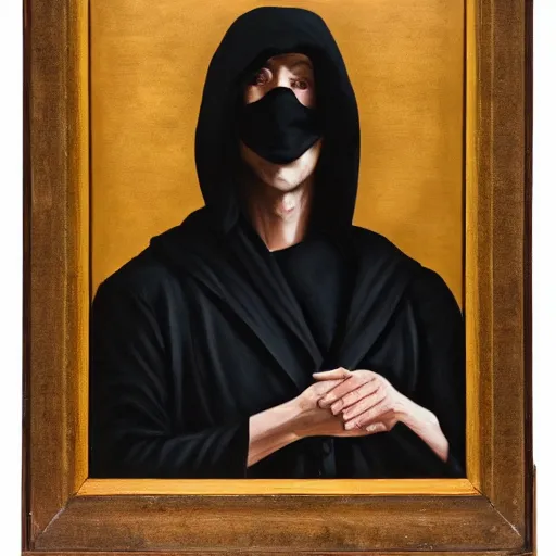 Image similar to a portrait of a man wearing black hood and robes, shadows covering face, ominous, dark, oil painting