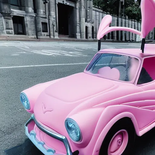 Image similar to a pastel pink car with wings