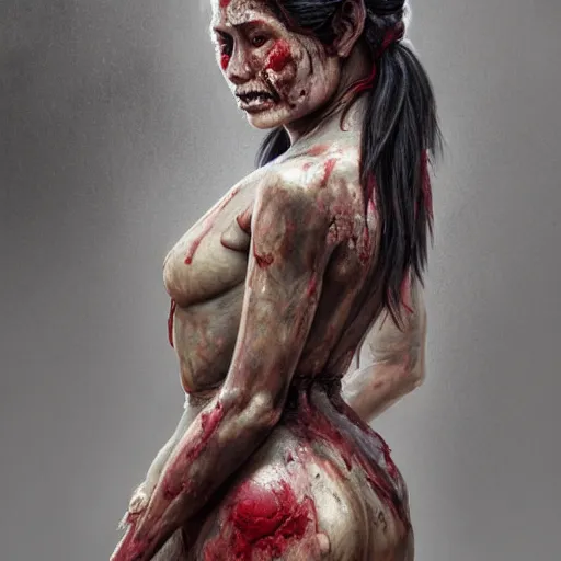 Image similar to portrait painting of a bloodied nepali female butcher from behind, ultra realistic, concept art, intricate details, eerie, highly detailed, photorealistic, octane render, 8 k, unreal engine. art by artgerm and greg rutkowski and alphonse mucha