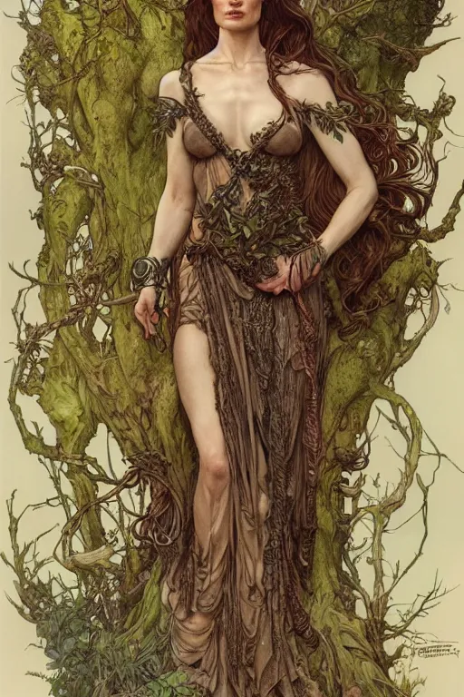 Image similar to lena headey as a dryad, detailed full body portrait by james gurney and artgerm and Mucha, amazing detail, intricate, stunning inking lines, 4K, character design, concept art