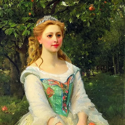 Image similar to portrait of princess elsa outside in an orchard, painted by nikolay makovsky, detailed