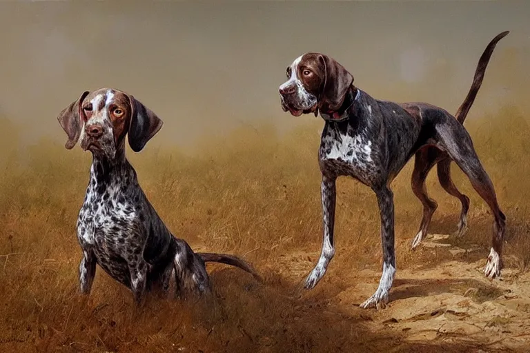 Prompt: painting of a German Shorthaired Pointer dog by James Gurney and Greg Rutkowski