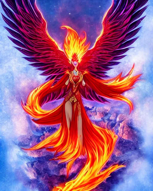 Prompt: character design, fiery phoenix rising goddess beautiful, half fire half ice on body, magic wood background, cinematic, detailed, ornate, intricate detail