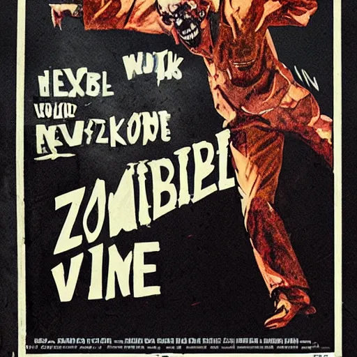 Prompt: old film poster zombie vr, text reads zombie