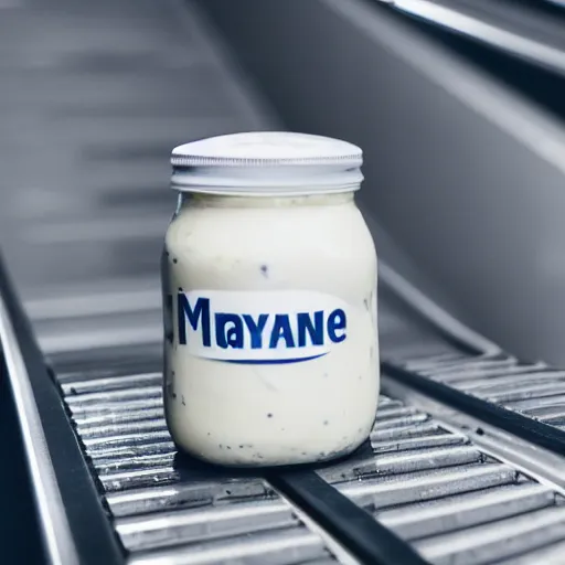 Prompt: close up of a jar of mayonnaise on an escalator. photorealistic, 8 k