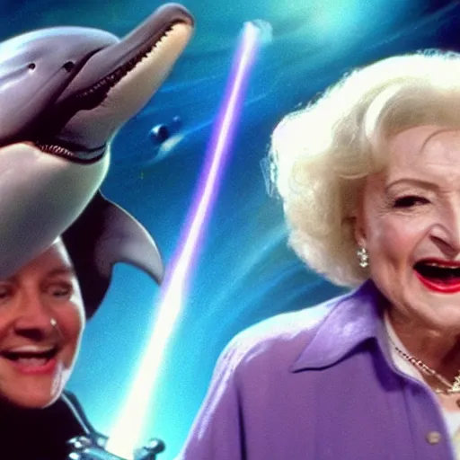 Prompt: betty white dual wielding lightsabers riding a dolphin through space, cinematic, award winning, high budget vfx