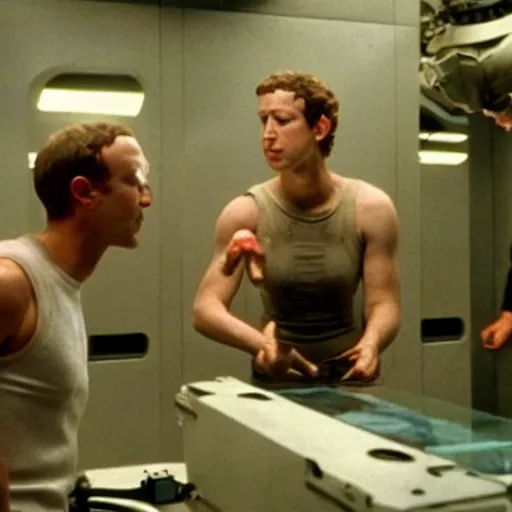 Prompt: mark zuckerberg inspecting the failed ripley clones experiments of himself from the movie Alien Resurrection.