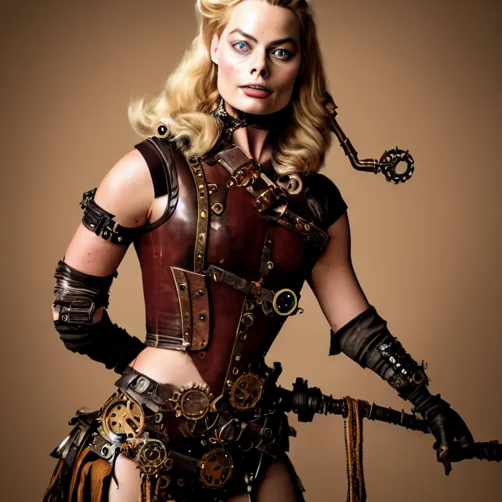 Image similar to full body photograph of a margot robbie as a steampunk warrior, Extremely detailed. 8k